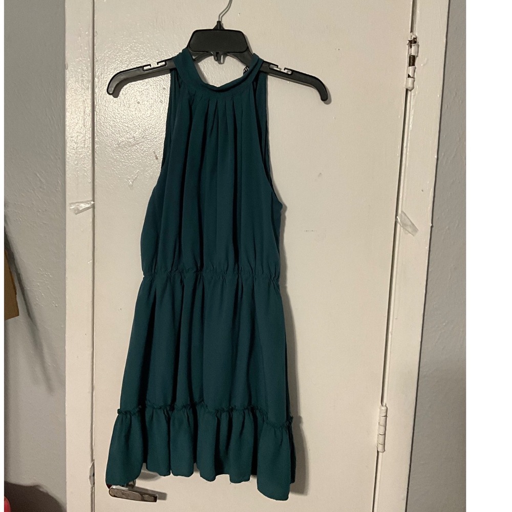 BTFBM Teal Green Halter Neck Mini Dress Ruffle Hem Open Back Size M